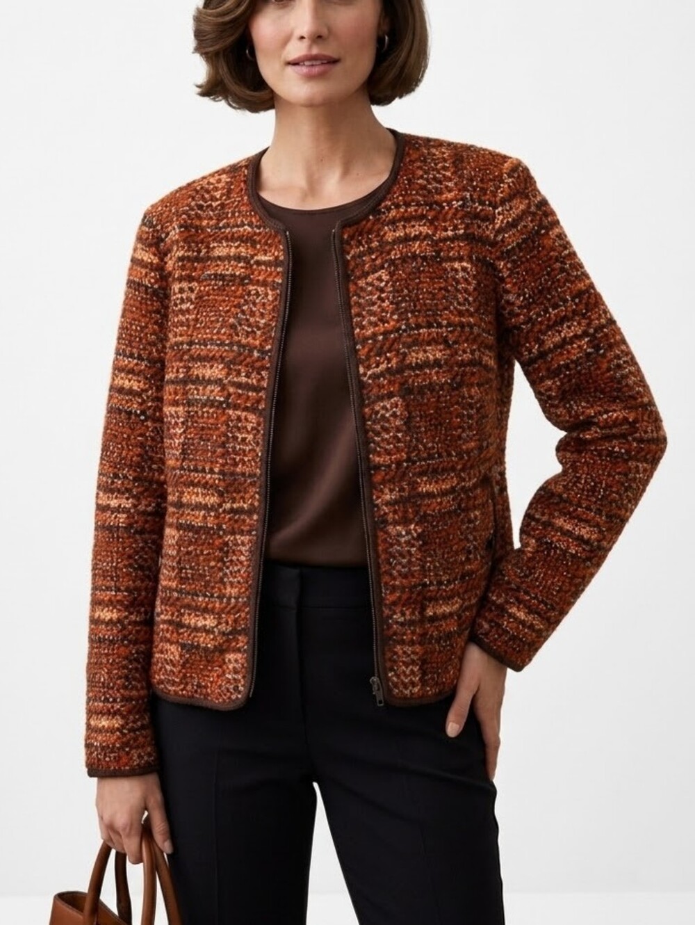 Talbots Wool Blend Full Zip Tweed Knit Jacket Size 14 Brown Orange Lined Pockets